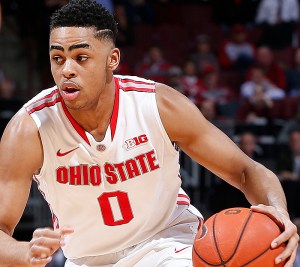 Ohio State Buckeyes guard D'Angelo Russell (0) drives to the basket in the first half of the college basketball game between the Ohio State Buckeyes and the Maryland Terrapins at Value City Arena in Columbus, Thursday evening, January 29, 2015. As of half time the Ohio State Buckeyes led the Maryland Terrapins 34 - 26. (The Columbus Dispatch / Eamon Queeney)